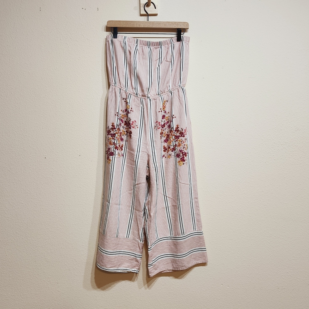 Linen Blend Floral/Striped Strapless Jumpsuit Size Large